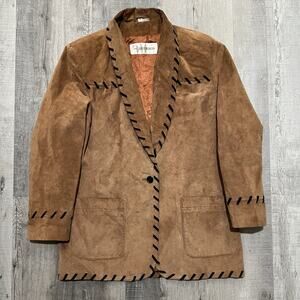 VTG Deerskin Western Suede Brown Leather Whipstitch Two Pocket Blazer Jacket 14